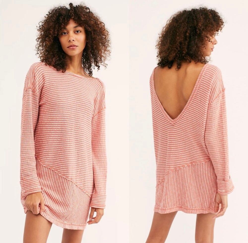 Free People Shred The Thread Striped V-Back Tunic Mini Dress NWOT Size Small